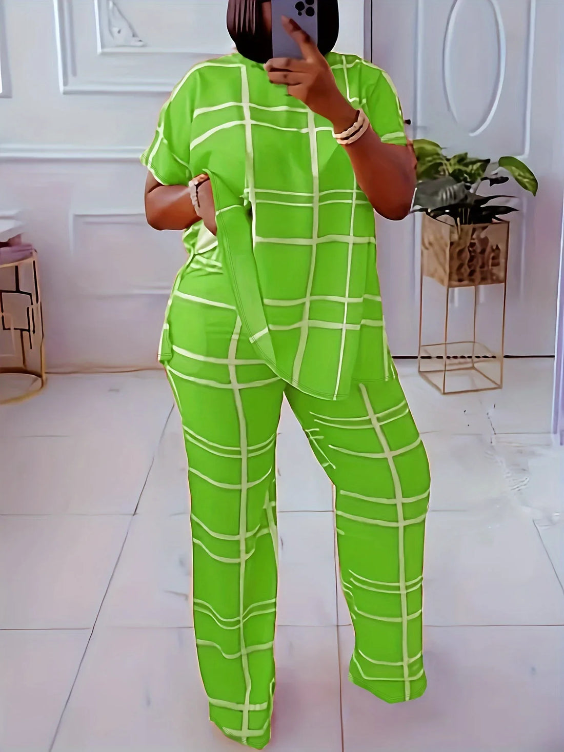 Women's Striped Grid Print Casual Two Piece Short Sleeve Set - Image 40