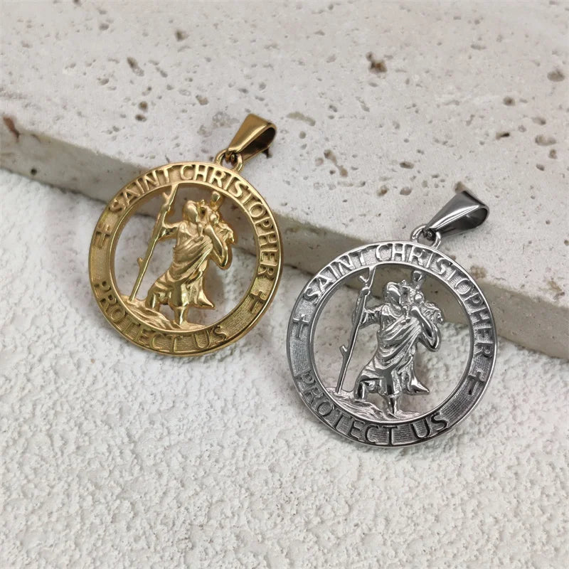 Hot Sale Religious 18K Gold Plated St.Christopher Necklace Stainless Steel Pendant Necklace For Men Women Jewelry Gift