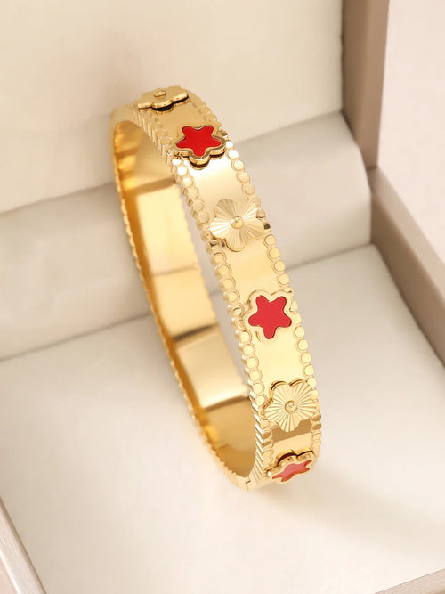 1pc 18K Gold Plated Stainless Steel Stackable Bracelet With Chain And Clover Design, Fashion Style For Women, Suitable For Casua