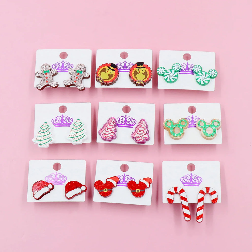 Custom Santa Hats Tree Mouse Head Turkey Glitter Acrylic Christmas Stud Earrings Stainless Steel Jewelry Wholesale