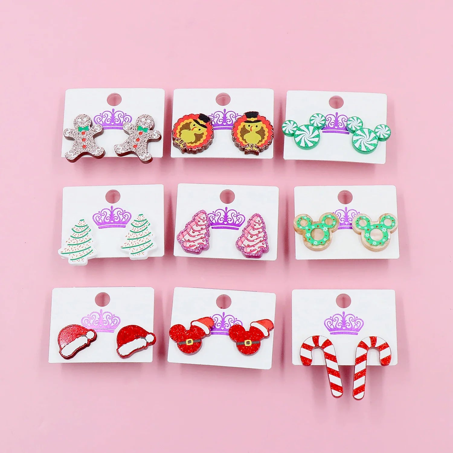 Custom Santa Hats Tree Mouse Head Turkey Glitter Acrylic Christmas Stud Earrings Stainless Steel Jewelry Wholesale