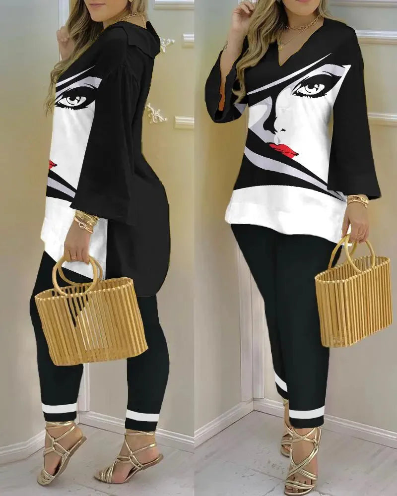 Women Printed V-Neck Long Sleeve Top and Pant Two Piece Set - Image 16