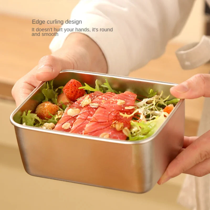 Stainless Steel Crisper Fresh-keep Food Container Rectangle Picnic Bento Tray Refrigerator Freezer Storage Box Restaurant Plate