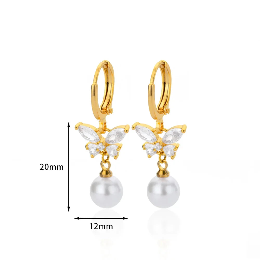 Butterfly Zircon Stainless Steel Pearl Earrings For Women Gold Plated Piercing Earring Aesthetic Luxury Jewelry Gift 2023 New