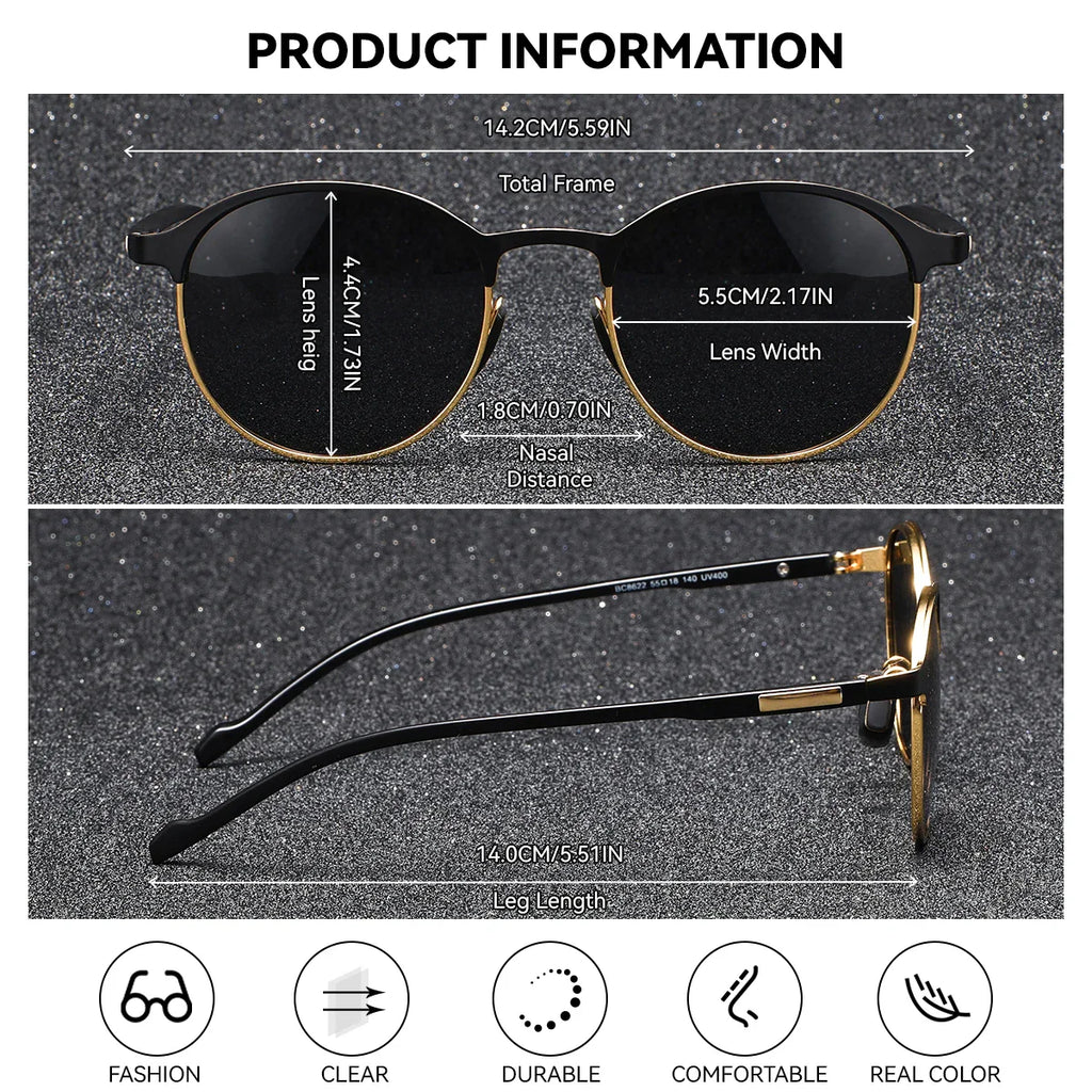 Retro Circular Polarized Sunglasses – Elegant Black Metal Frame