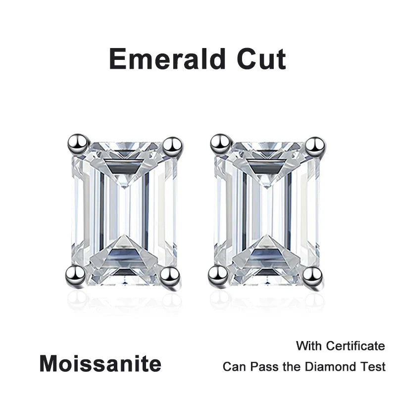 NeeTim 0.5CT 1CT 2CT Emerald Radiant Cut Moissanite Studs Earrings for Women Lab Diamond 925 Sterling Silver Earring Jewelry