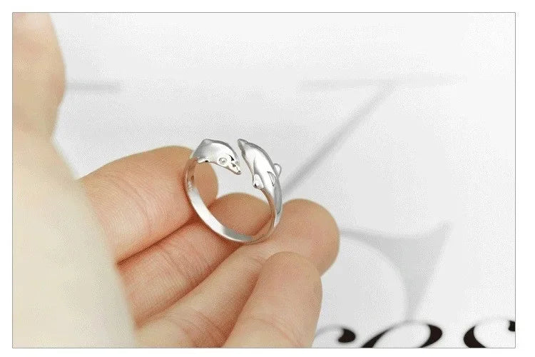 925 Sterling Silver Jewelry Open Happy Double Dolphin Love Rings For Women Party Gift Adjustable Ring Anillos Bague