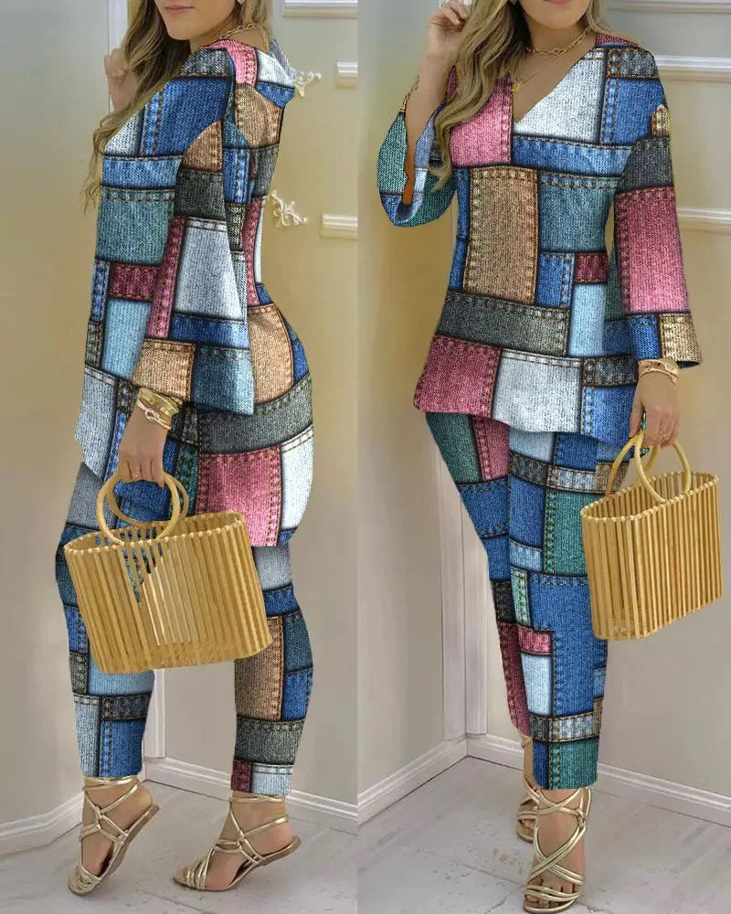 Women Printed V-Neck Long Sleeve Top and Pant Two Piece Set - Image 13