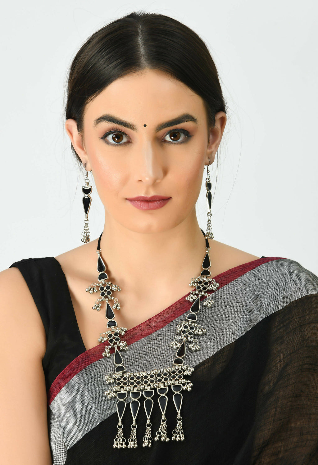 Oxidised Silver-Plated Meenakari Long Necklace Set