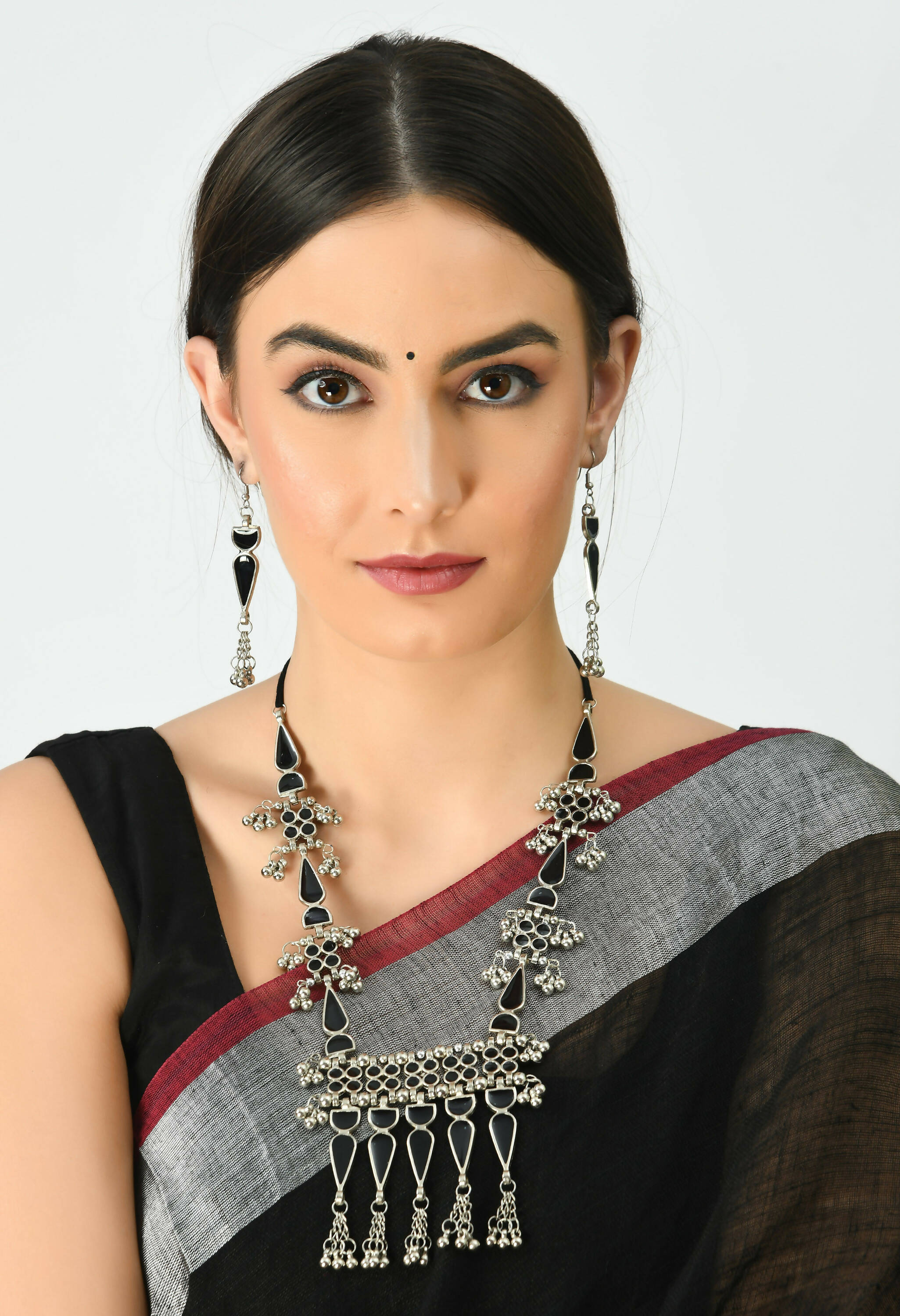 Oxidised Silver-Plated Meenakari Long Necklace Set