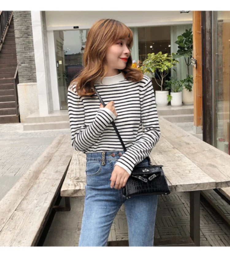 Women Striped Mock Neck Long Sleeve Ribbed Knit Pullover Sweater - Image 10