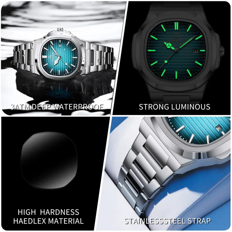 Military Square Quartz Crystal Face Watch with Luminous Dial and Date Display