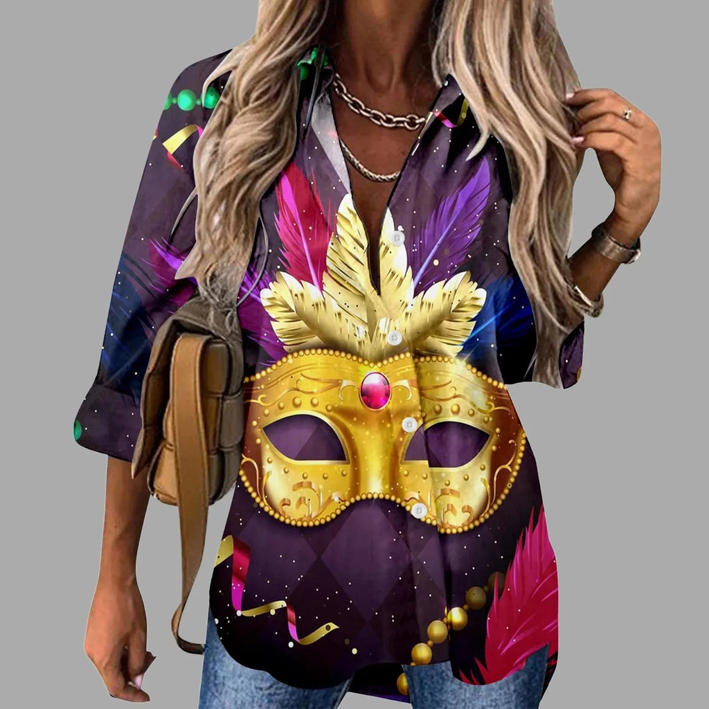 Women's Mardi Gras Carnival Print V-Neck Long Sleeve Shirt - Image 15