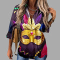 Women's Mardi Gras Carnival Print V-Neck Long Sleeve Shirt - Image 15