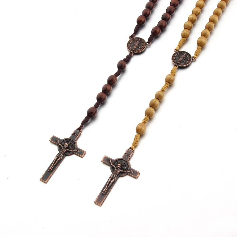 Handmade Wood Beads Rosary Necklace For Women Men Crucifix Cross Pendant Long braided Rope Chain Religious Prayer Jewelry