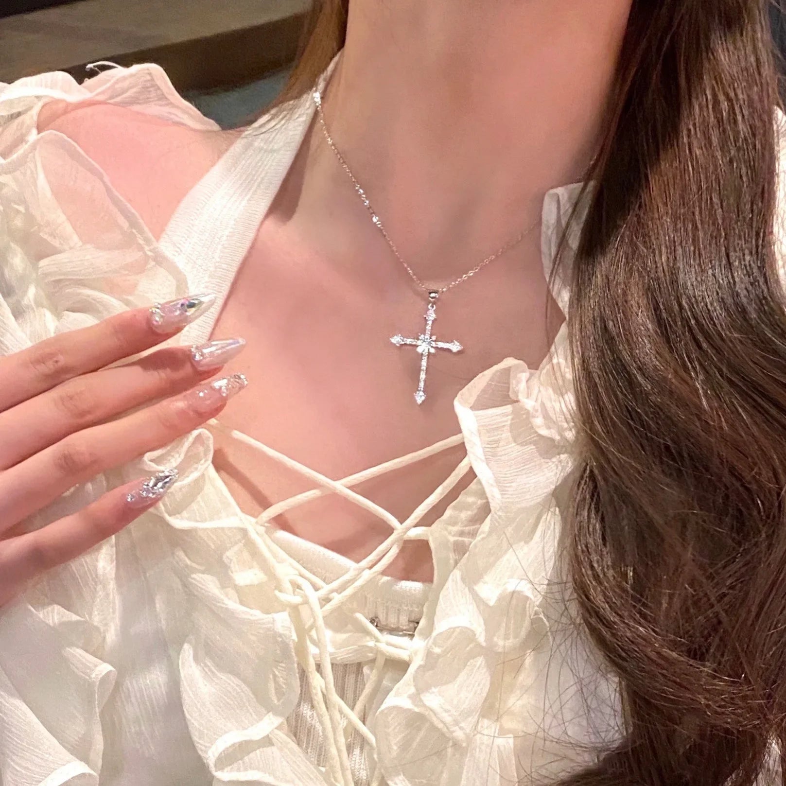 925 Sterling Silver Neck Chain Cross Zircon Necklaces Women Jewelry Exquisite Elegant Aesthetic Charms Accessories Argent 925