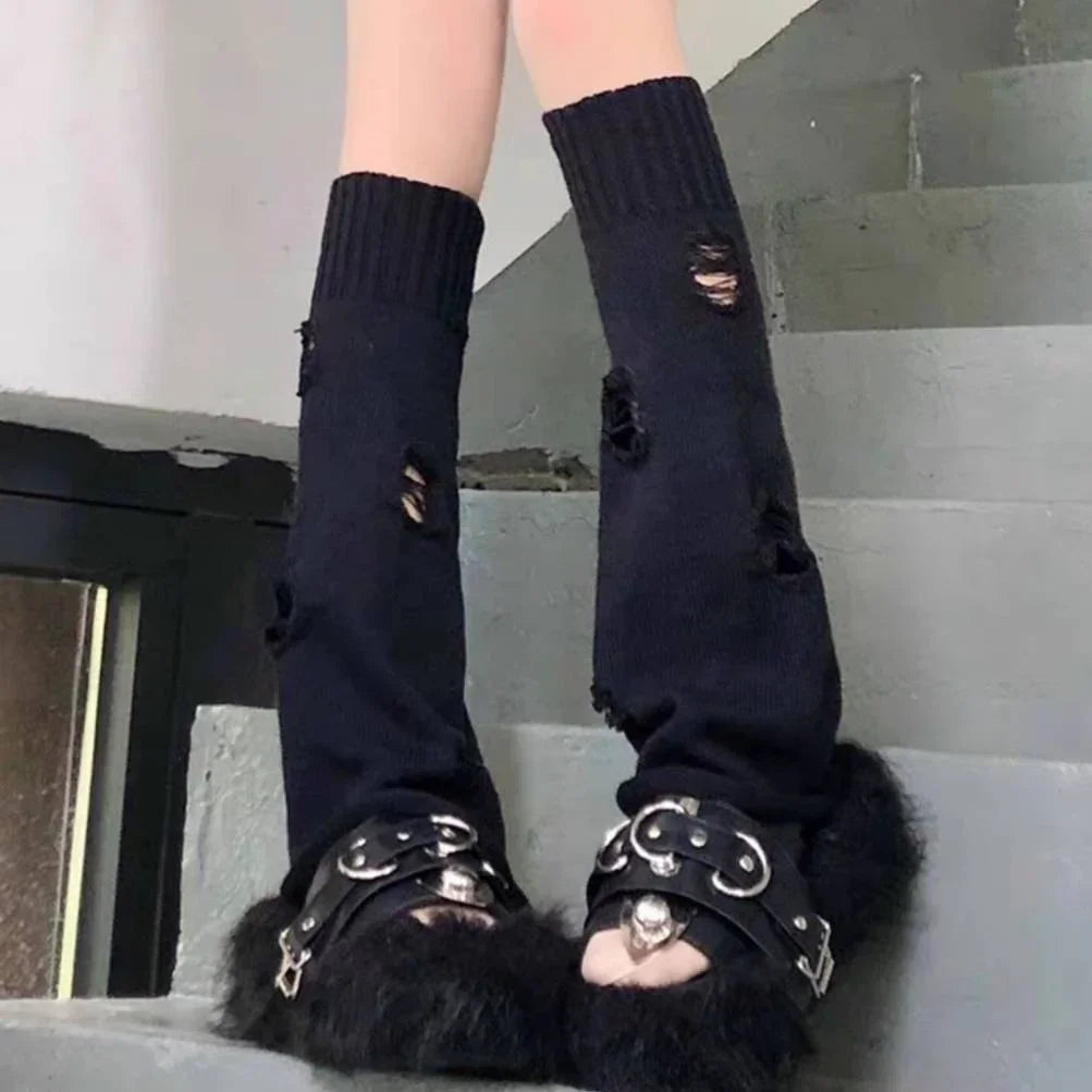Y2K Punk Knitted Leg Warmers Black White Heart Star Argyle Style - Image 10