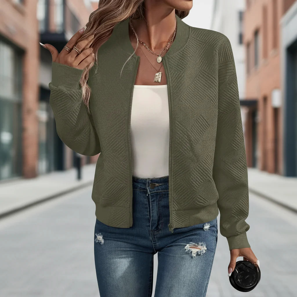 Women's Textured Zip Up Stand Collar Jacket Casual Outerwear - Image 4