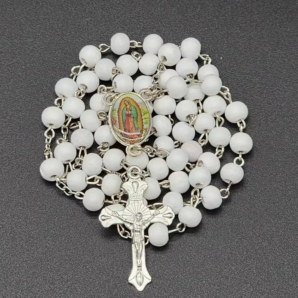 White Wooden Rosary Necklace For Women Crucifix Cross Pendant Long Chain Necklace Men  Religious Catholic Prayer Jewelry