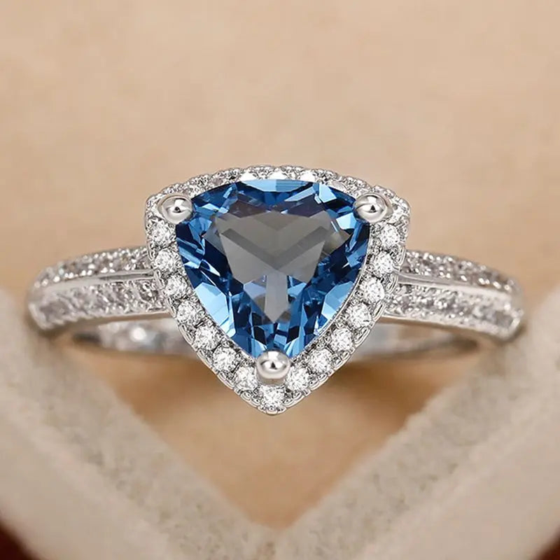 925 Sterling Silver Luxury Dark Blue Zircon Triangle Rings for Women Fashion Classic Engagement Wedding Jewelry Anniversary Gift