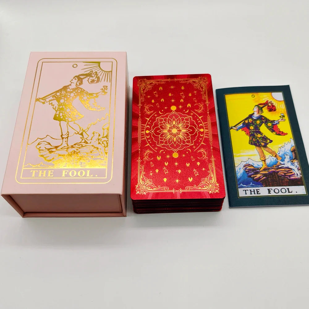 English Golden Red Tarot Cards for Work with Guide Book Prophecy Oracle Divination Deck Fortune Telling Classic 78-cards 12x7cm