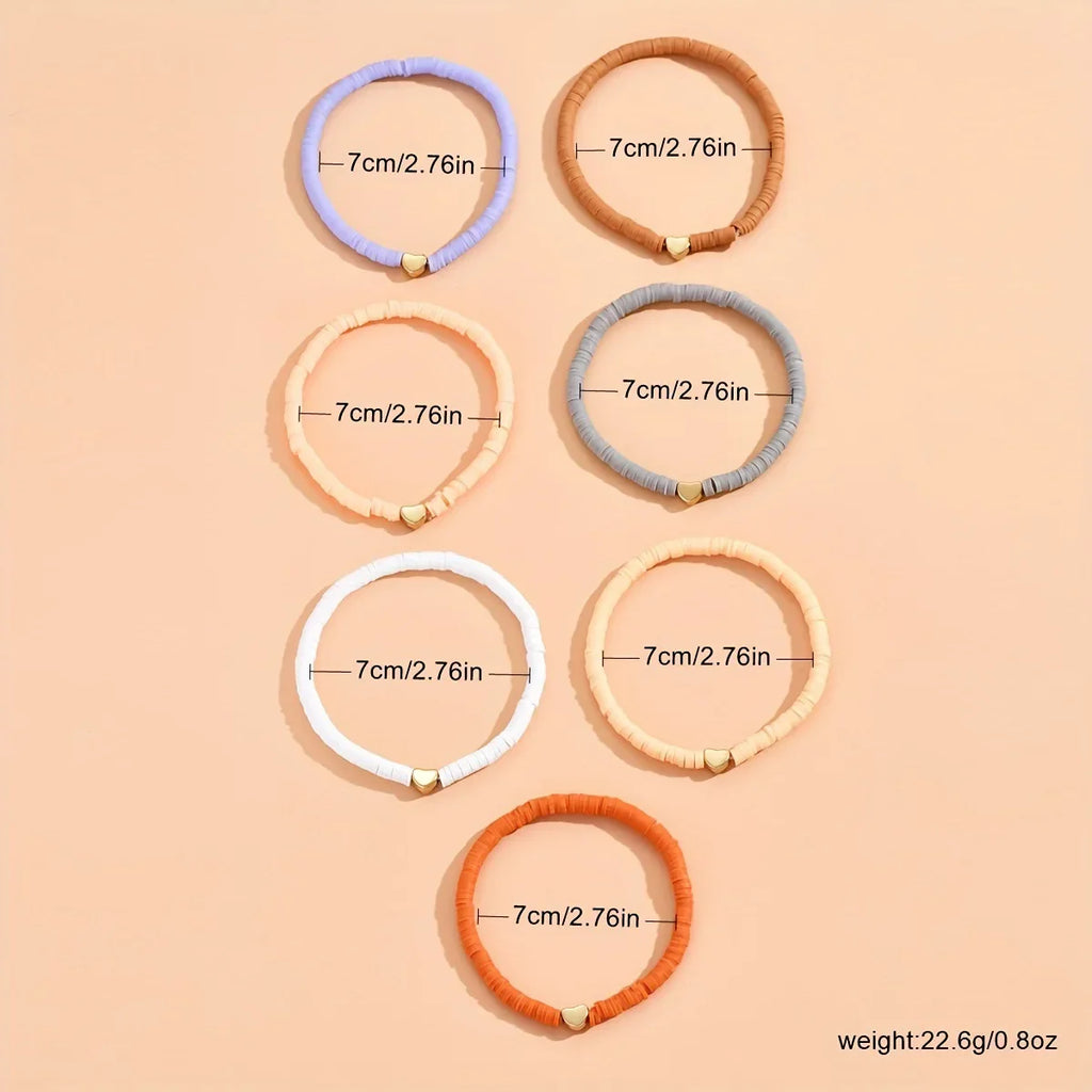 7Pcs Colorful Stackable Anklet Set For Women Heart Charm Soft Clay Pottery Layering Ankle Bracelet Girls Summer Beach Jewelry
