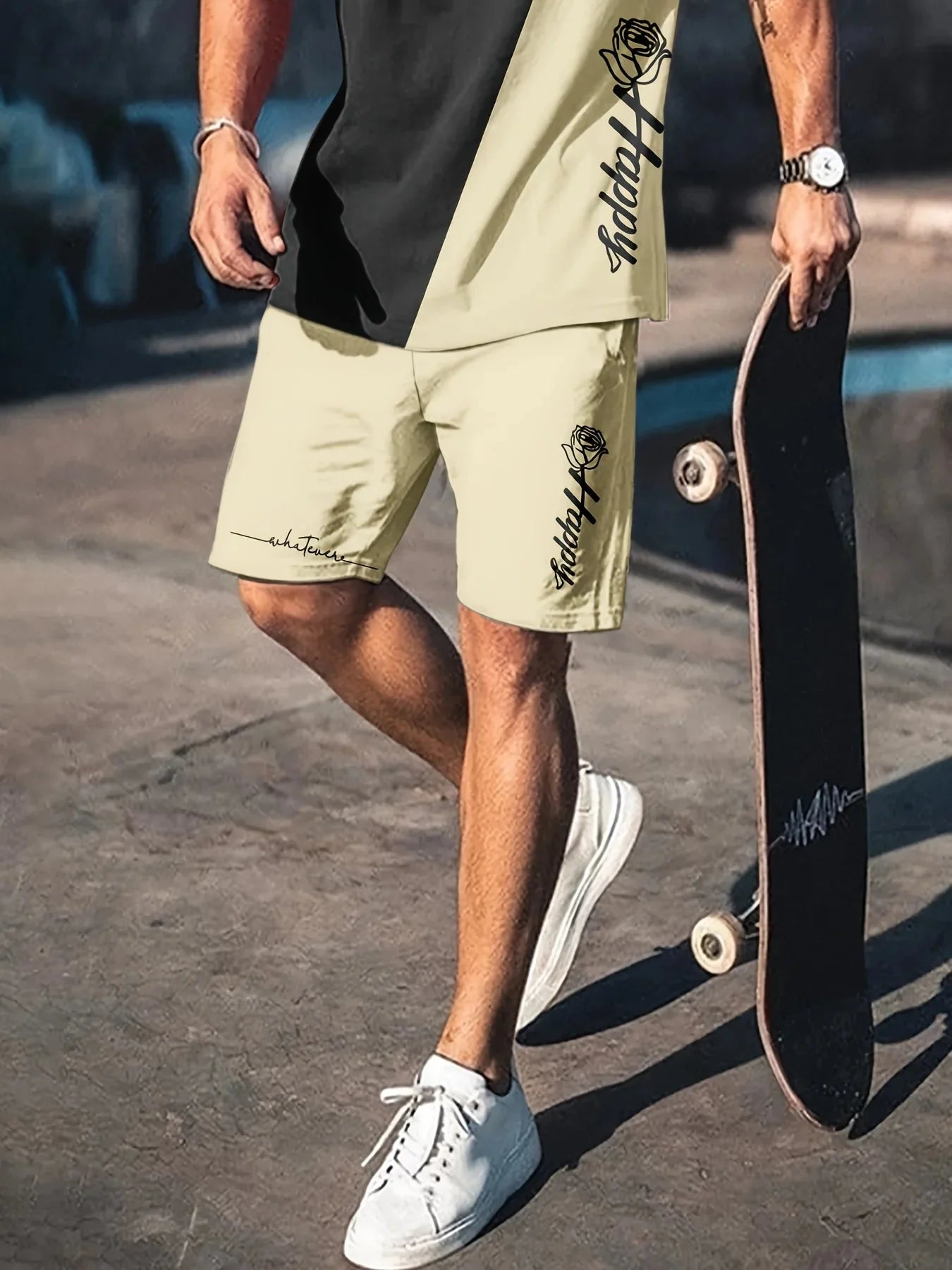 Men's Black and Beige Two-Tone Short Sleeve Streetwear Set - Image 3