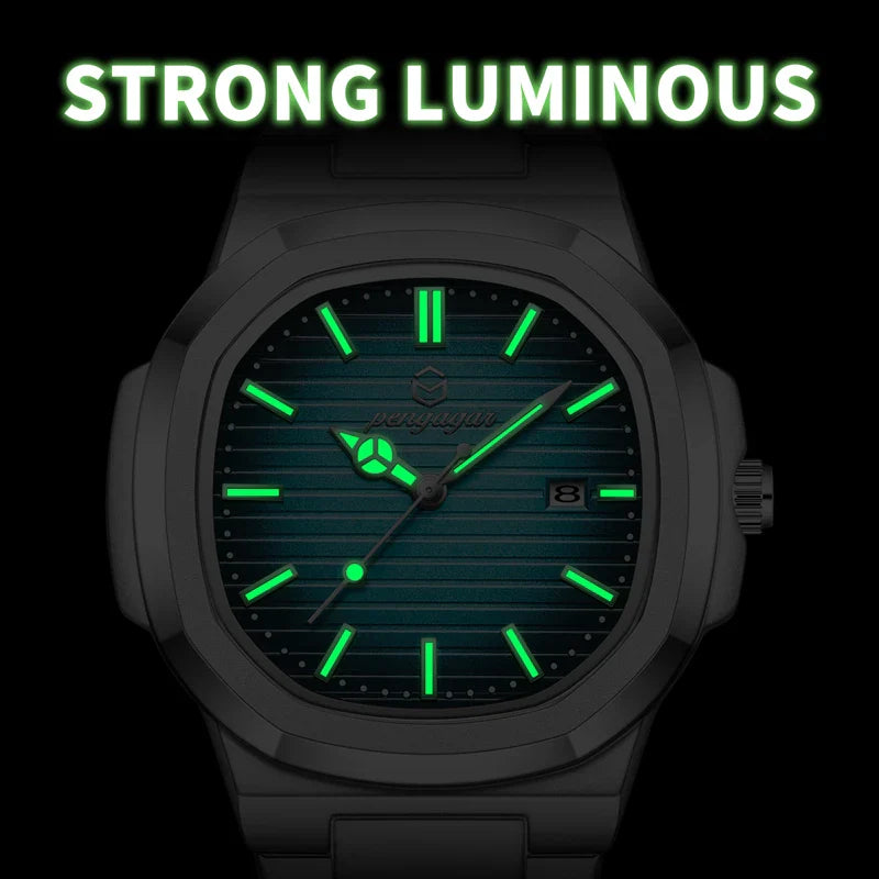Military Square Quartz Crystal Face Watch with Luminous Dial and Date Display
