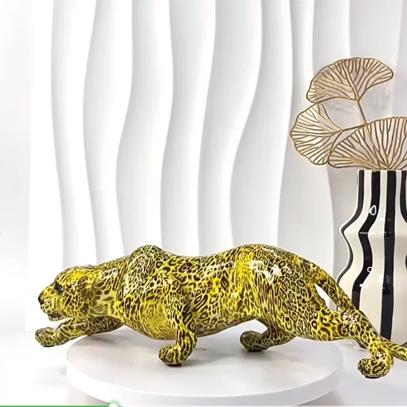 Yellow Leopard Resin Sculpture Sitting Cheetah Home Desk Decor - Image 5