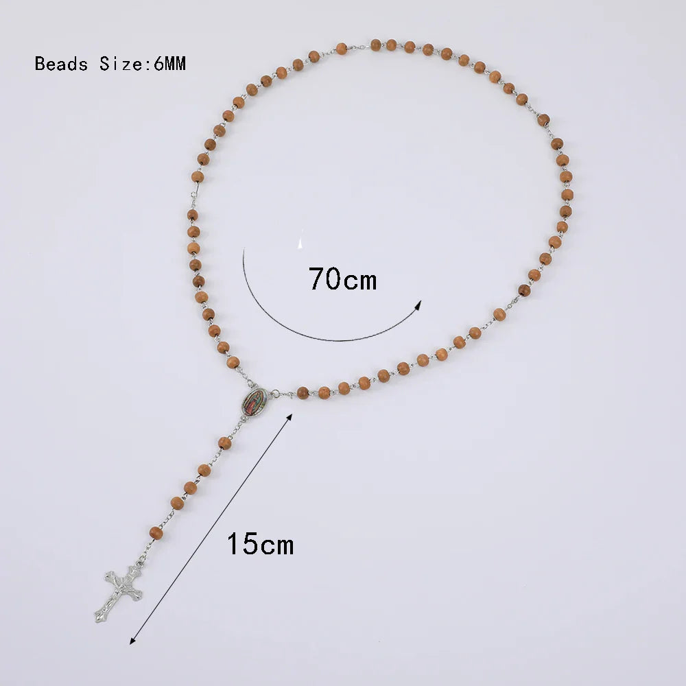 Blue Rosary Necklace For Women Men 6MM Wooden Prayer Beads Long Chain Religious Virgin Mary Cross Pendant Men Party Jewelry Gift