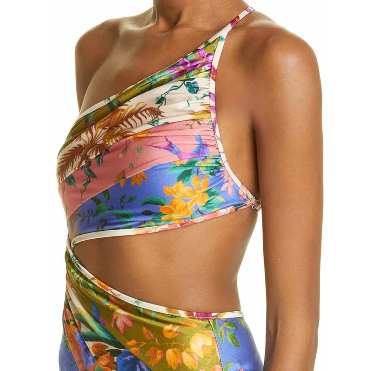 Zina One-Piece Swimsuit Tropical Print One-Shoulder Cutout - Image 3