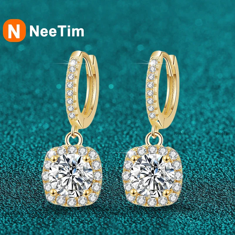 NeeTim 1ct Moissanite Drop Earrings S925 Sterling Silver with Gold Plated Wedding Jewelry With Certificate Hoop Dangle Earrings