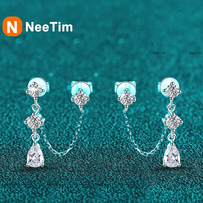 NeeTim Full Moissanite Stud Chain Earrings for Women Sparkling Lab Diamond Earring 925 Sterling Silver Women's Earrings Jewelry
