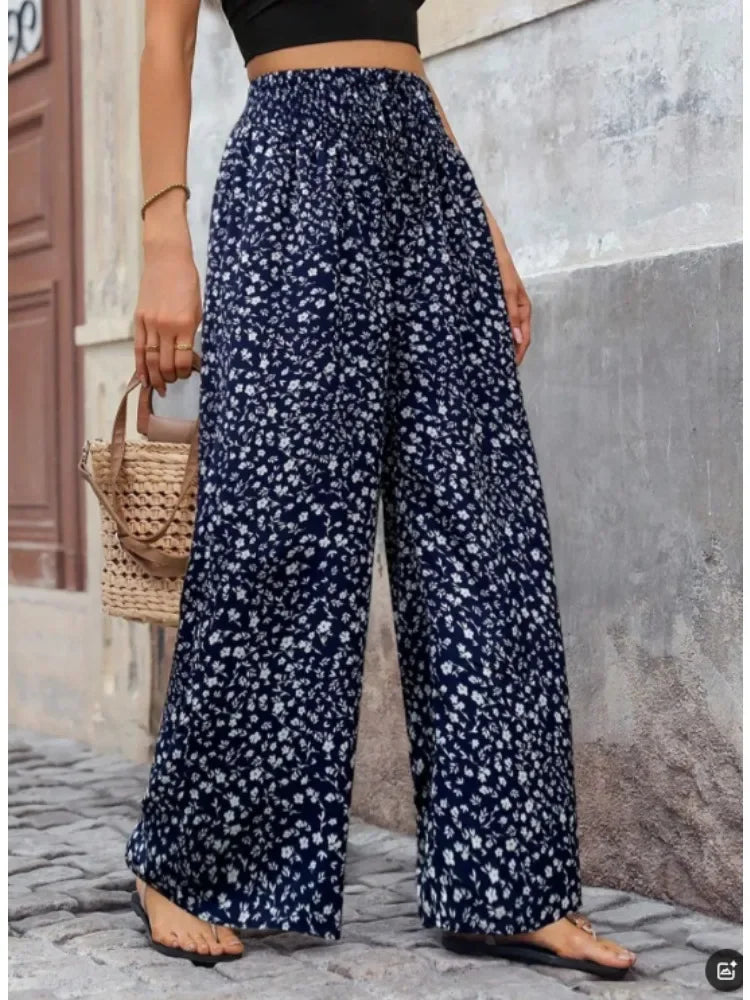 Women's Floral Wide Leg Pants - High Waisted