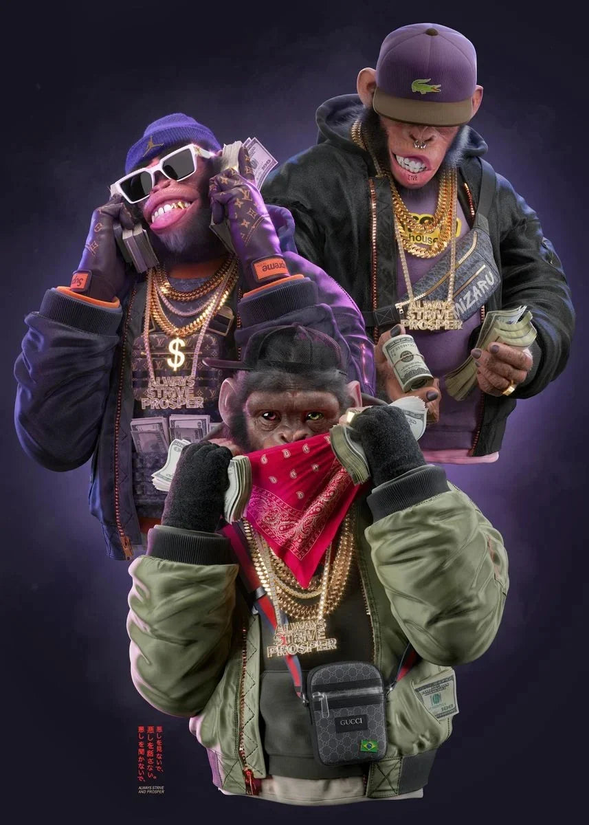 Three Swag Monkeys Canvas Art Posters and Prints Hip Hop Monkey Fashion Paintings on the Wall Art Animals Pictures Room Decor