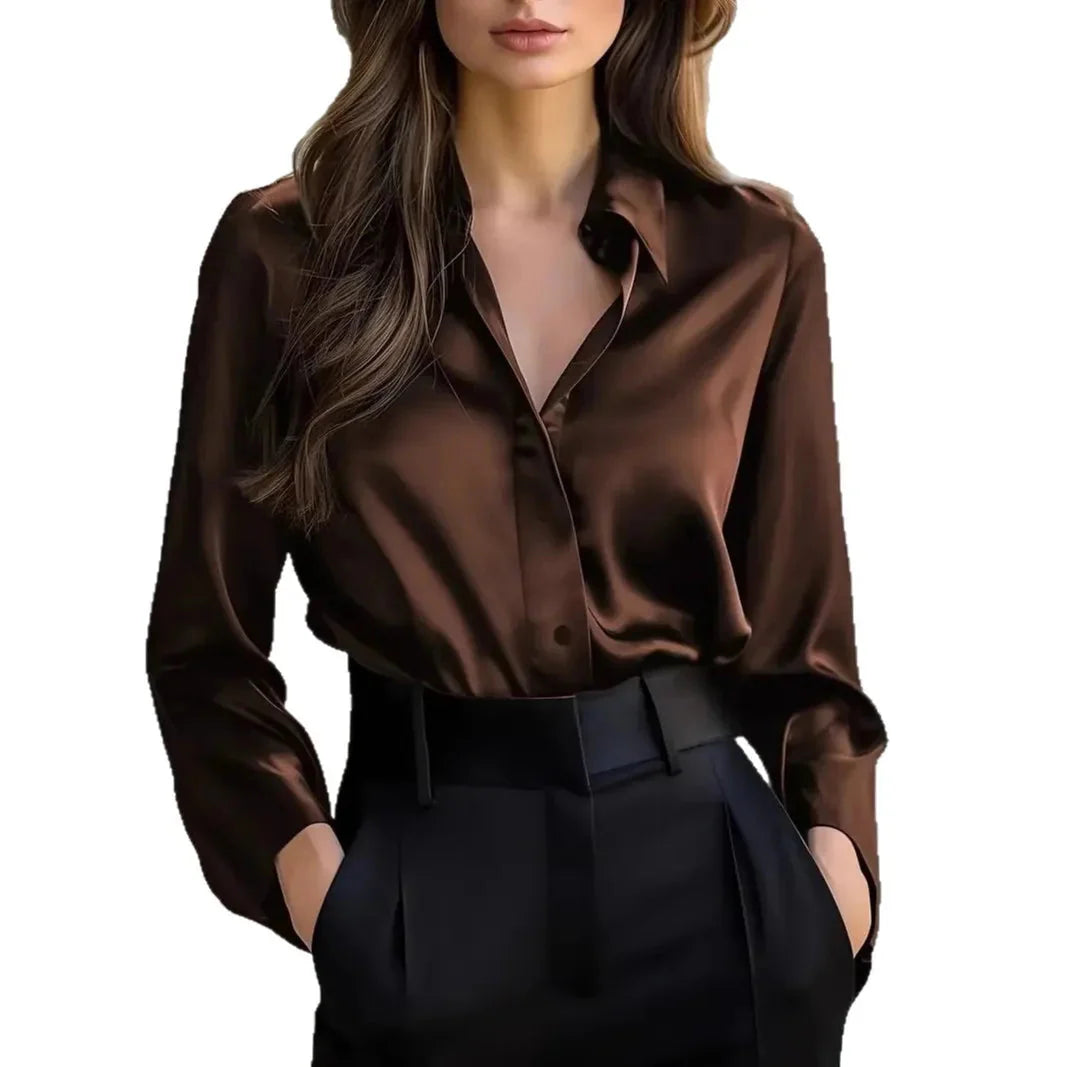 Women's Classic Satin Button Down Shirt Long Sleeve Lapel Blouse - Image 5