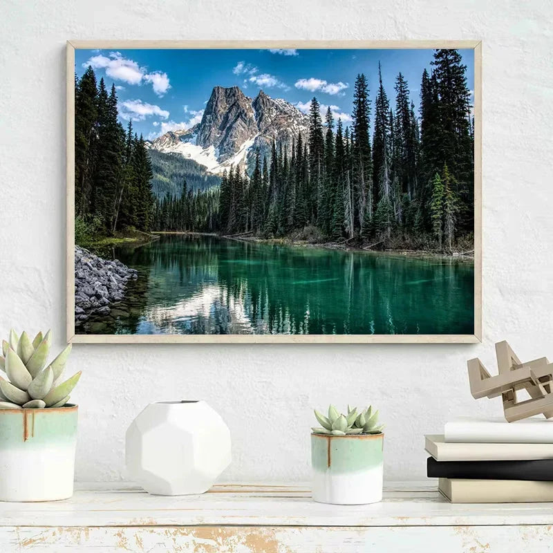 Nature Landscape Green Forest Mountain Lake Boat Poster Print Canvas Painting Wall Art Pictures Modern Living Room Home Decor