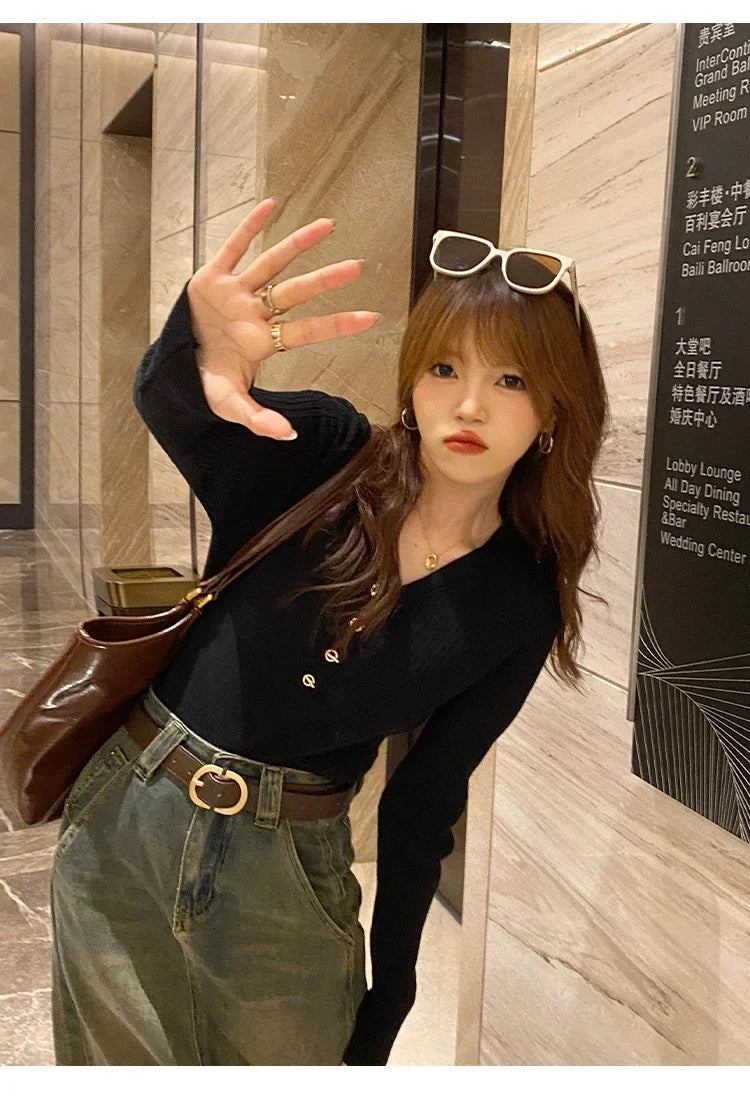 Women Beige Ribbed Button Down Long Sleeve Knitted Pullover Top - Image 17