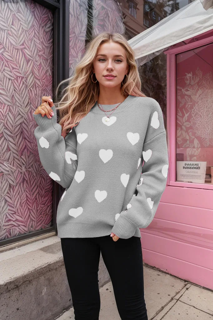 Women's Beige Red Heart Print Crew Neck Knit Pullover Sweater - Image 7