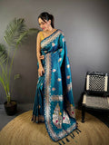 Sea Blue Banarasi woven soft silk saree with matching blouse