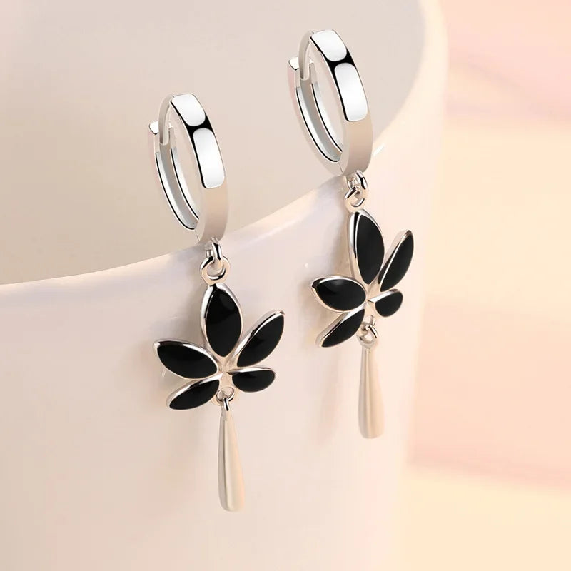 Retro Creative black Maple Leaf Eardrop New Trendy 925 Sterling Silver Earrings For Women Ear Jewelry Girl Valentine's Day Gifts