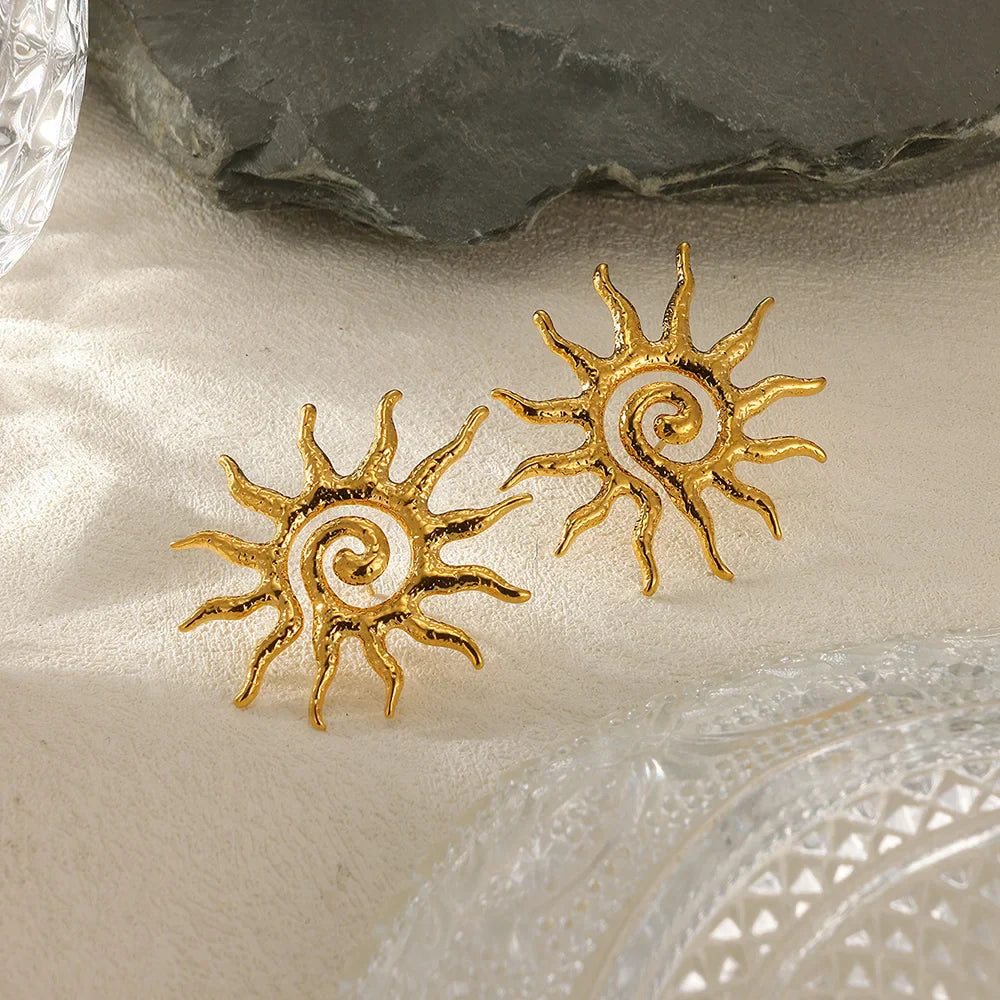 Retro Threaded Sun Earrings For Women Gold Color Stainless Steel Geometric Earrings Hip Hop Party Jewelry Birthday Gifts