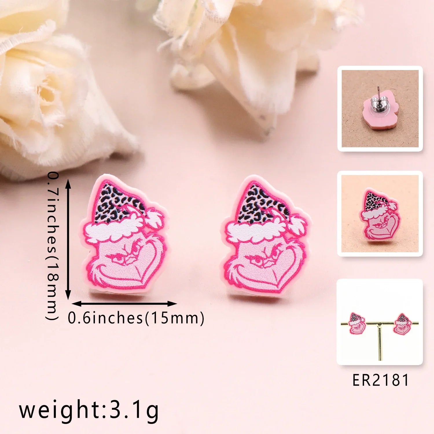 Custom Santa Hats Tree Mouse Head Turkey Glitter Acrylic Christmas Stud Earrings Stainless Steel Jewelry Wholesale