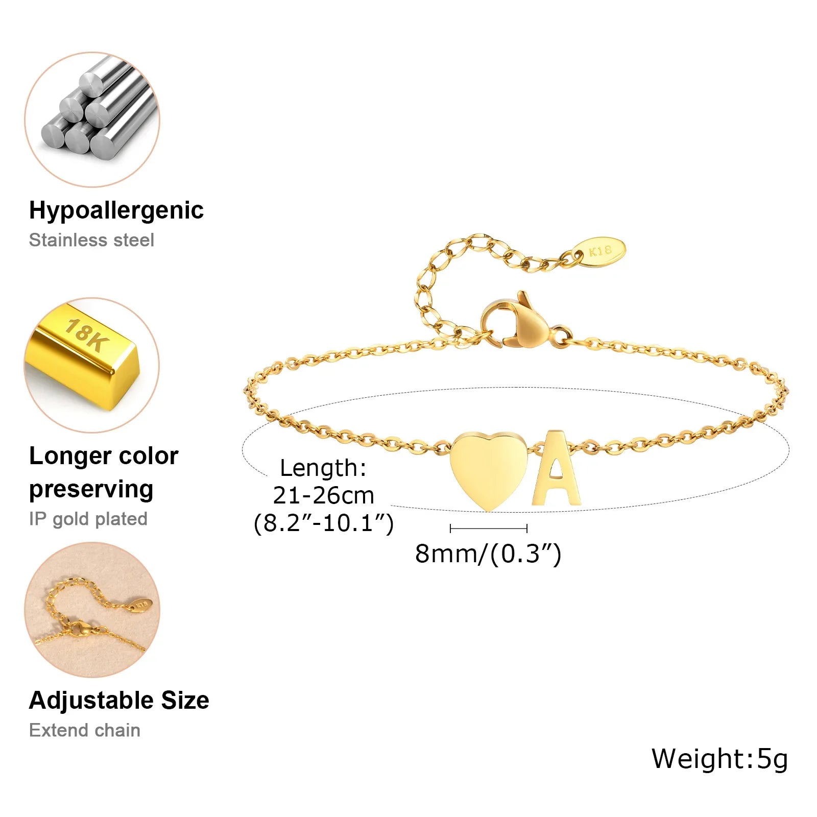 Women Heart Initial Stainless Steel Personalized Anklet Bracelets