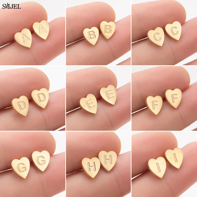 100% Stainless Steel A-Z Initial Earrings for Women Girls Personalize Letter Name Heart Stud Earring Family Jewelry Best Gifts