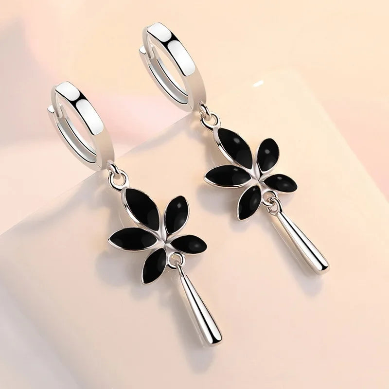 Retro Creative black Maple Leaf Eardrop New Trendy 925 Sterling Silver Earrings For Women Ear Jewelry Girl Valentine's Day Gifts