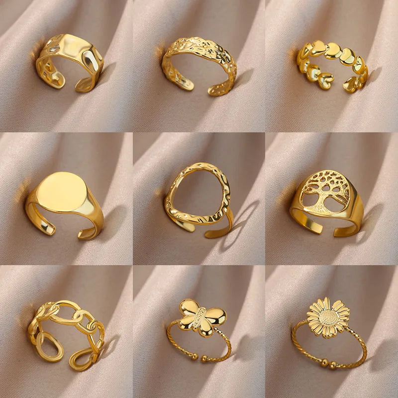 Irregular Hollow Opening Rings For Women Stainless Steel Gold Color Geometric Ring Party Christmas Jewelry Gift Free Shipping