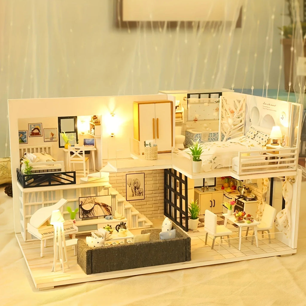 DIY wooden miniature dollhouse model kit assembled with lights and furniture on a table