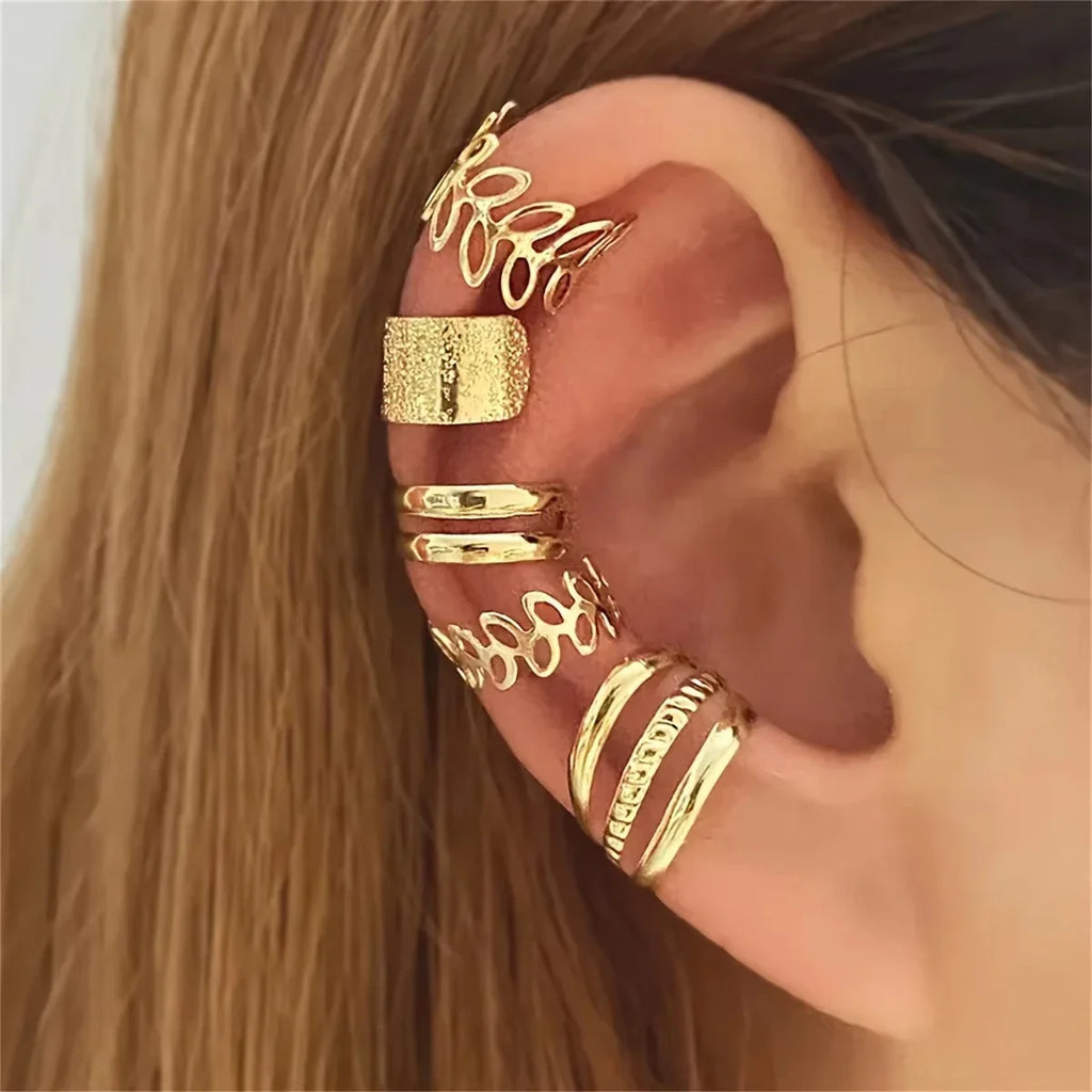 5pcs/set Trendy Elegant Design Ear Cuff Classic Elegant Style Women's No Piercing Clip Earrings Leaf Shaped Circle Stacked Shape