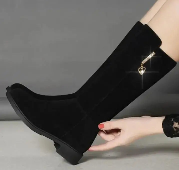 Women's Black Mid-Calf Winter Boots with Heart Zipper Detail - Image 7